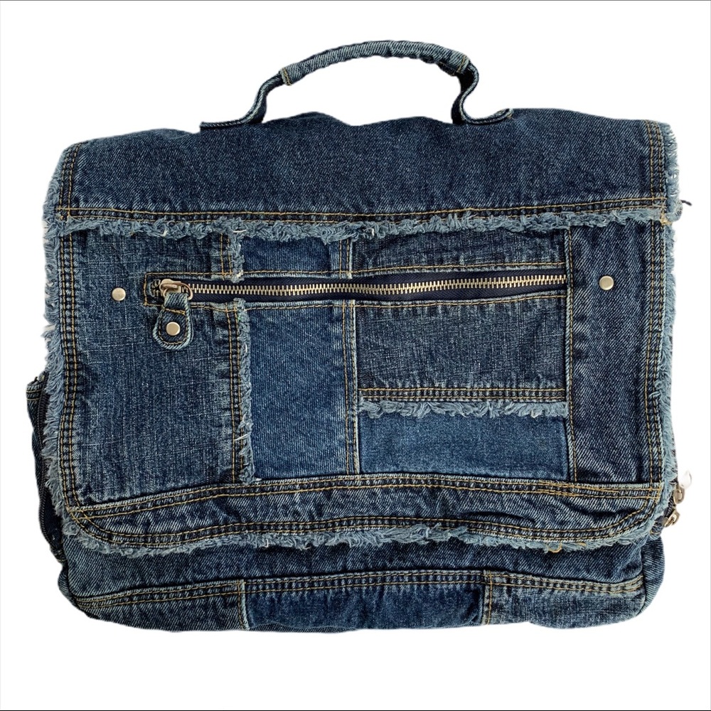 Large Raw Hem Denim Crossbody Messenger Travel Bag